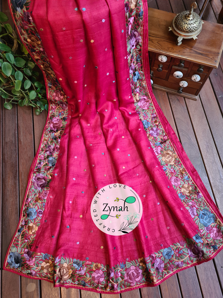 Zynah Made to Order Pure Tussar Silk Parsi Gara Handcrafted Saree; Custom Stitched/Ready-made Blouse, Fall, Petticoat; Shipping available USA, Worldwide