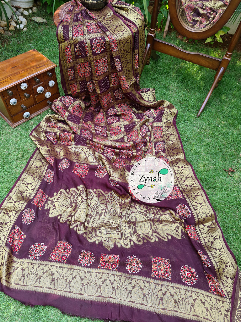 Zynah Pure Munga Silk Saree with Ajrakh Prints & Gharchola Zari Weave; Custom Stitched/Ready-made Blouse, Fall, Petticoat; Shipping available USA, Worldwide