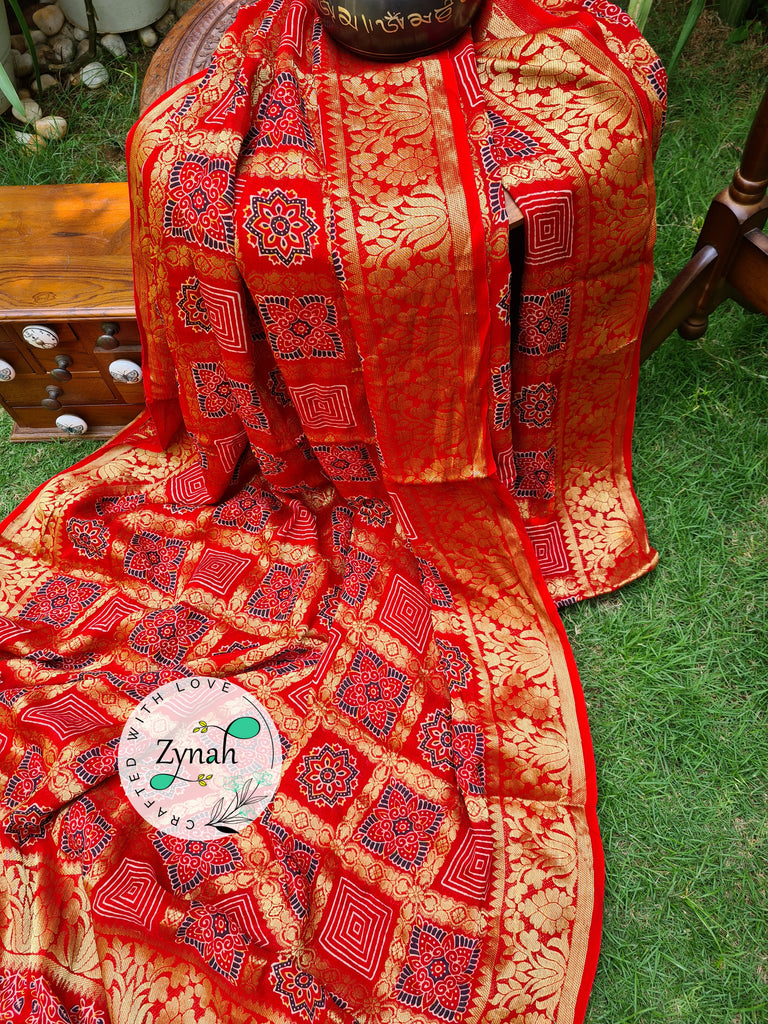 Zynah Pure Munga Silk Saree with Ajrakh Prints & Gharchola Zari Weave; Custom Stitched/Ready-made Blouse, Fall, Petticoat; Shipping available USA, Worldwide