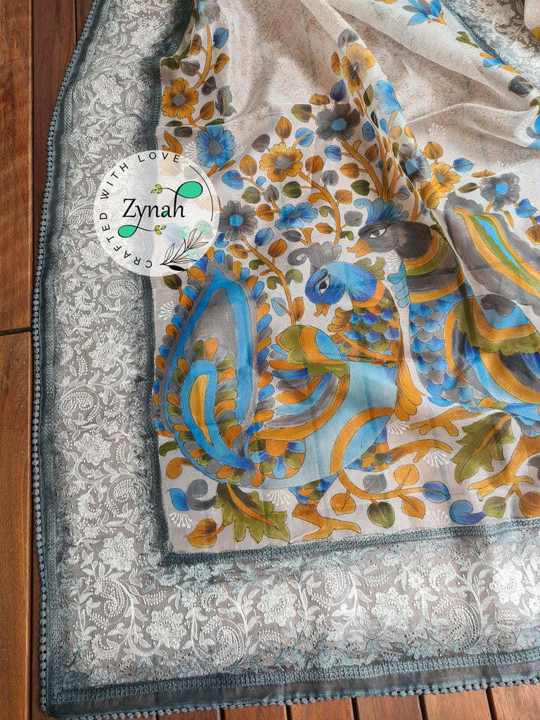 Zynah Premium Quality Pure Kora Silk Saree with Hand-painted Kalamkari Designs, Chikankari Embroidery; Custom Stitched/Ready-made Blouse, Fall, Petticoat; Shipping available USA, Worldwide