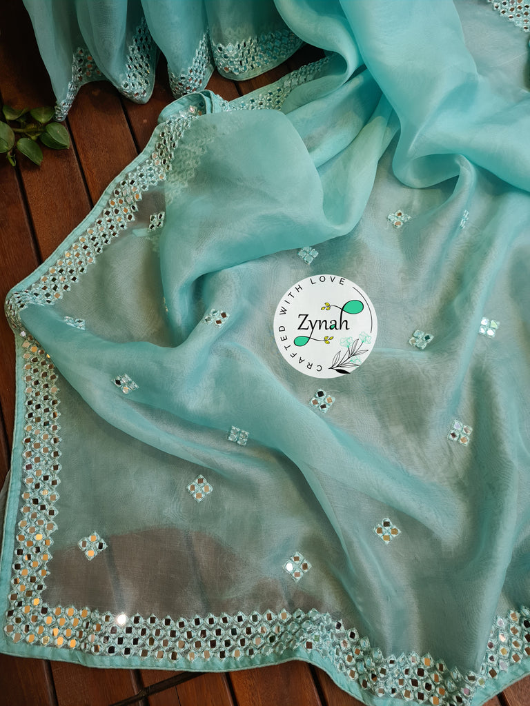 Zynah Pure Organza Silk Saree with Mirror Kutchi Work; Custom Stitched/Ready-made Blouse, Fall, Petticoat; Shipping available USA, Worldwide