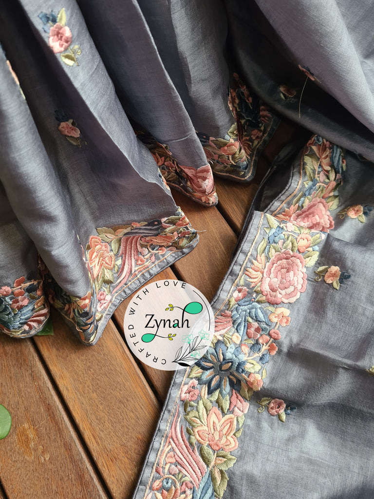 Zynah Grey Color Pure Handwoven Tussar Silk Parsi Gara Inspired Resham Thread Embroidery Saree; Custom Stitched/Ready-made Blouse, Fall, Petticoat; Shipping available USA, Worldwide