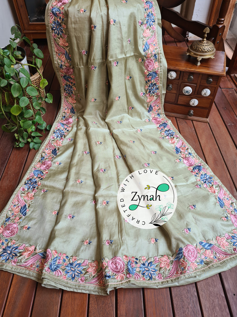 Zynah Pista Green Color Pure Handwoven Tussar Silk Parsi Gara Inspired Resham Thread Embroidery Saree; Custom Stitched/Ready-made Blouse, Fall, Petticoat; Shipping available USA, Worldwide