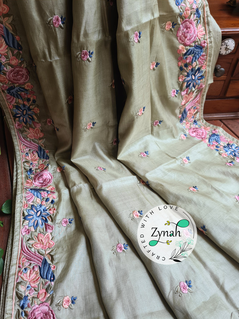 Zynah Pista Green Color Pure Handwoven Tussar Silk Parsi Gara Inspired Resham Thread Embroidery Saree; Custom Stitched/Ready-made Blouse, Fall, Petticoat; Shipping available USA, Worldwide