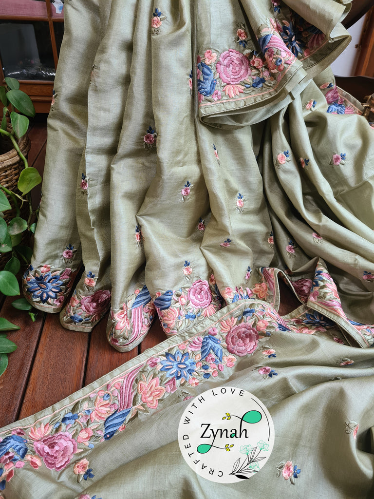 Zynah Pista Green Color Pure Handwoven Tussar Silk Parsi Gara Inspired Resham Thread Embroidery Saree; Custom Stitched/Ready-made Blouse, Fall, Petticoat; Shipping available USA, Worldwide