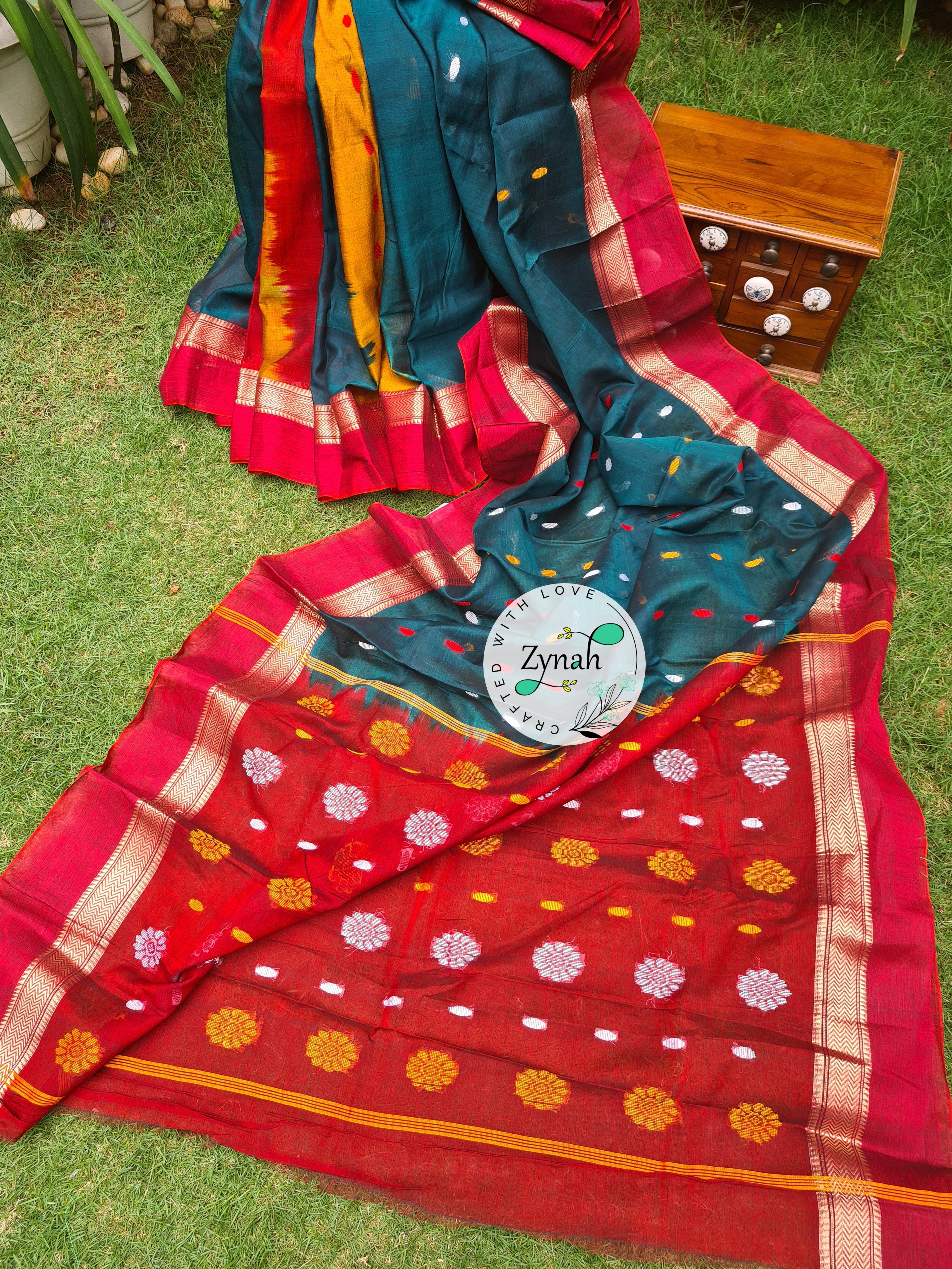 Zynah Green & Red Color Pure Handspun Cotton Saree with Zari Weave Border; Custom Stitched/Ready-made Blouse, Fall, Petticoat; Shipping available USA, Worldwide Zynah Green & Red Color Pure Handspun Cotton Saree with Zari Weave Border; Custom Stitched/Ready-made Blouse, Fall, Petticoat; Shipping available USA, Worldwide