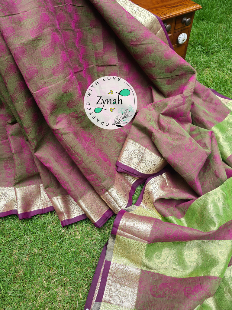 Zynah Violet Color Pure Handspun Cotton Saree with Zari Weave Border; Custom Stitched/Ready-made Blouse, Fall, Petticoat; Shipping available USA, Worldwide