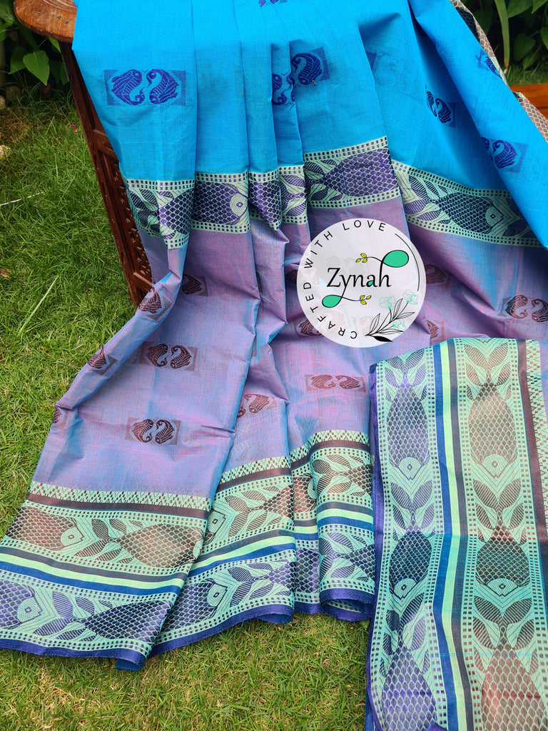 Zynah Blue Color Pure Handspun Cotton Saree with Zari Weave Border; Custom Stitched/Ready-made Blouse, Fall, Petticoat; Shipping available USA, Worldwide