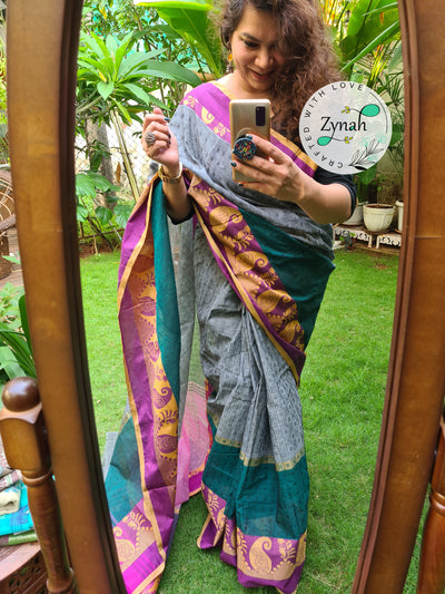 Zynah Grey Color Pure Handspun Cotton Saree with Zari Weave Border; Custom Stitched/Ready-made Blouse, Fall, Petticoat; Shipping available USA, Worldwide