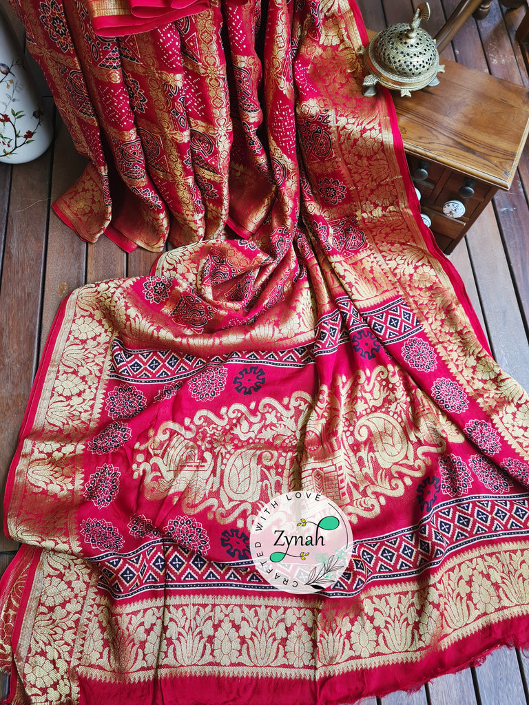 Zynah Pure Munga Silk Saree with Ajrakh Prints & Gharchola Zari Weave; Custom Stitched/Ready-made Blouse, Fall, Petticoat; Shipping available USA, Worldwide