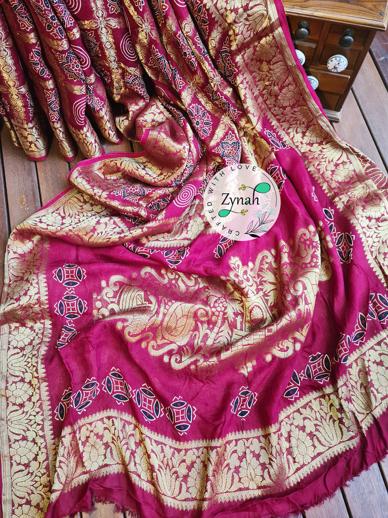 Zynah Pure Munga Silk Saree with Ajrakh Prints & Gharchola Zari Weave; Custom Stitched/Ready-made Blouse, Fall, Petticoat; Shipping available USA, Worldwide