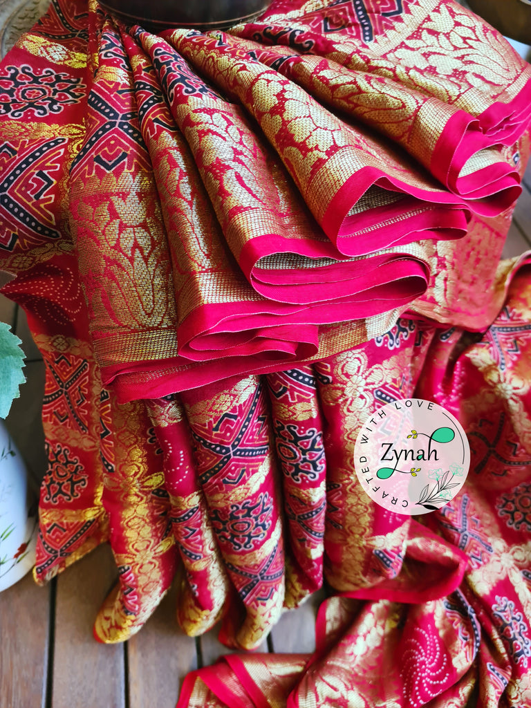 Zynah Pure Munga Silk Saree with Ajrakh Prints & Gharchola Zari Weave; Custom Stitched/Ready-made Blouse, Fall, Petticoat; Shipping available USA, Worldwide