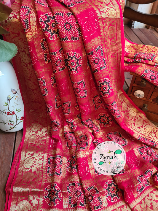 Zynah Pure Munga Silk Saree with Ajrakh Prints & Gharchola Zari Weave; Custom Stitched/Ready-made Blouse, Fall, Petticoat; Shipping available USA, Worldwide