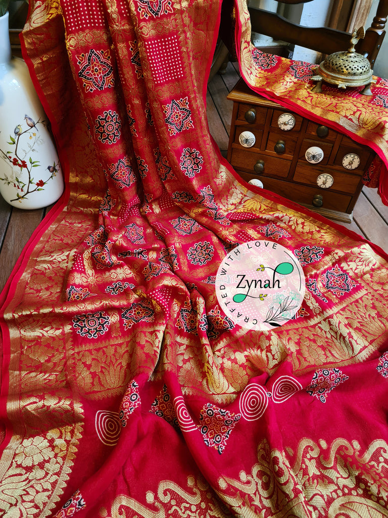 Zynah Pure Munga Silk Saree with Ajrakh Prints & Gharchola Zari Weave; Custom Stitched/Ready-made Blouse, Fall, Petticoat; Shipping available USA, Worldwide