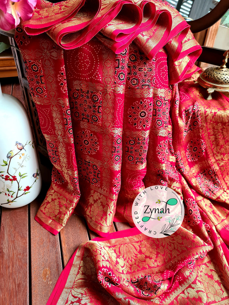 Zynah Pure Munga Silk Saree with Ajrakh Prints & Gharchola Zari Weave; Custom Stitched/Ready-made Blouse, Fall, Petticoat; Shipping available USA, Worldwide