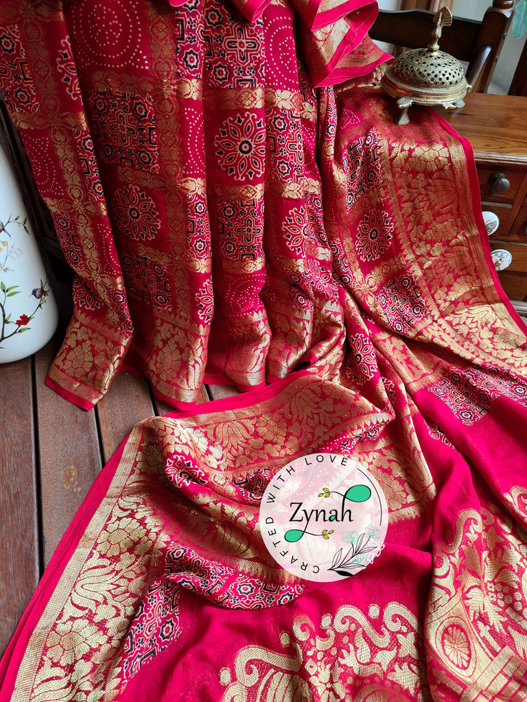 Zynah Pure Munga Silk Saree with Ajrakh Prints & Gharchola Zari Weave; Custom Stitched/Ready-made Blouse, Fall, Petticoat; Shipping available USA, Worldwide