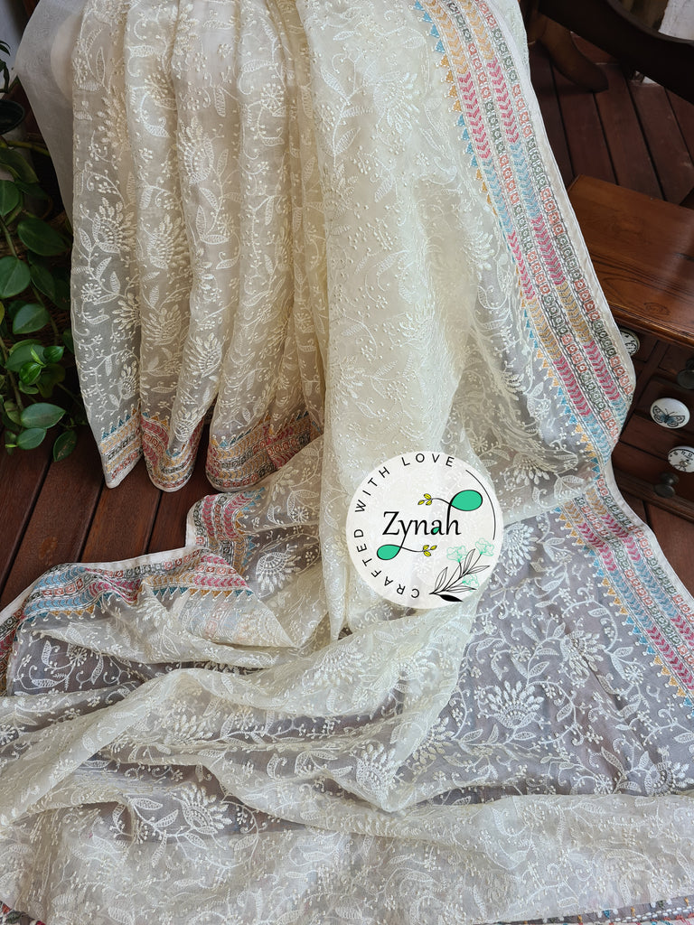 Zynah Off-white Color Pure Organza Silk Saree with Kantha Style Embroidery; Custom Stitched/Ready-made Blouse, Fall, Petticoat; Shipping available USA, Worldwide