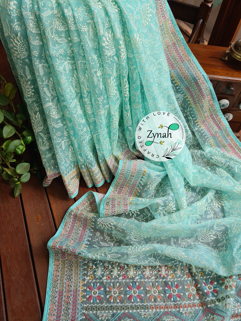 Zynah Powder Blue Color Pure Organza Silk Saree with Kantha Stitch & Chikankari Inspired Embroidery; Custom Stitched/Ready-made Blouse, Fall, Petticoat; Shipping available USA, Worldwide