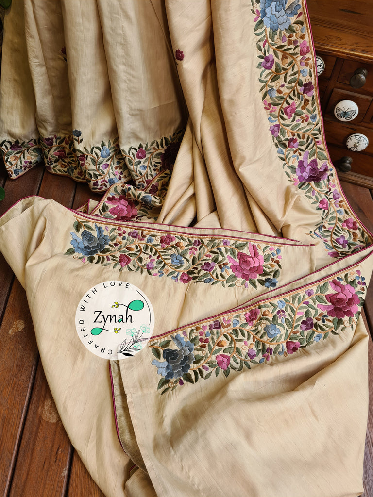 Zynah Beige Color Pure Tussar Silk Parsi Gara Handcrafted Saree; Custom Stitched/Ready-made Blouse, Fall, Petticoat; Shipping available USA, Worldwide