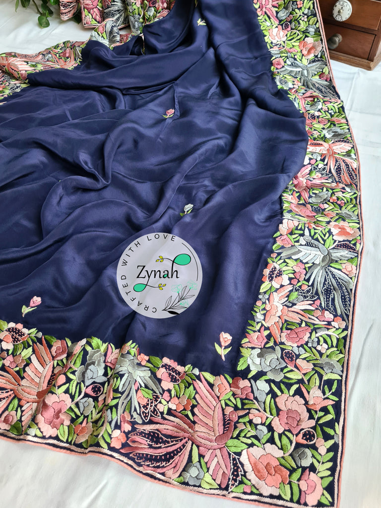 Zynah Blue Color Made to Order Pure Crepe Silk Parsi Gara Handcrafted Saree; Custom Stitched/Ready-made Blouse, Fall, Petticoat; Shipping available USA, Worldwide