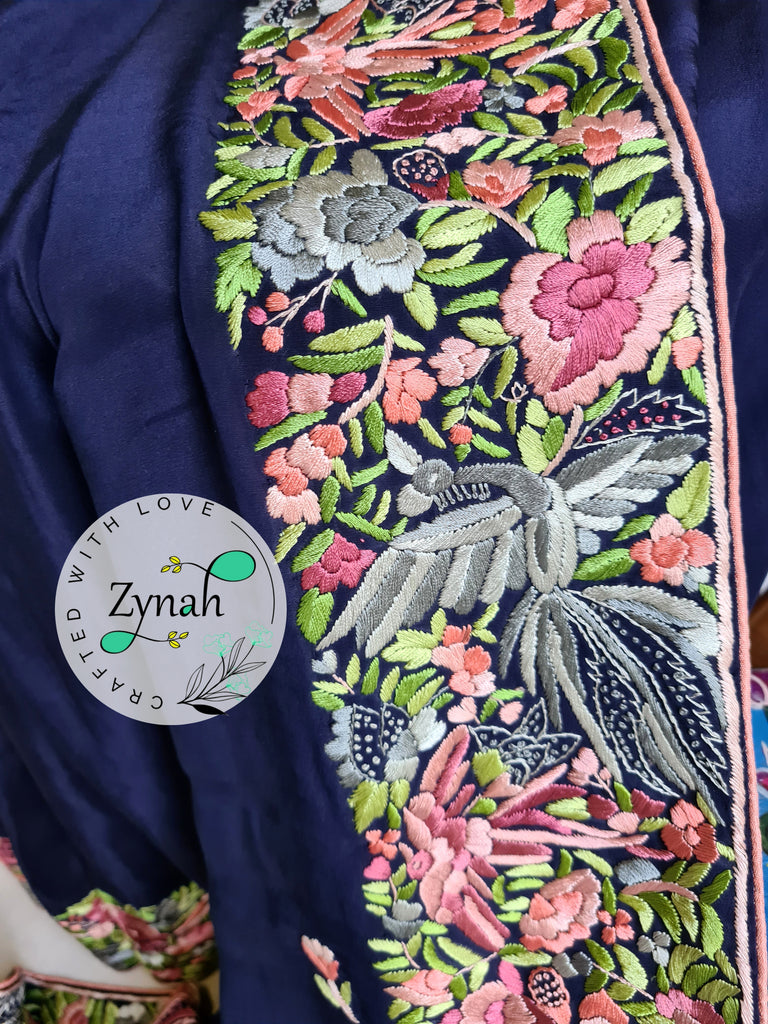 Zynah Blue Color Made to Order Pure Crepe Silk Parsi Gara Handcrafted Saree; Custom Stitched/Ready-made Blouse, Fall, Petticoat; Shipping available USA, Worldwide