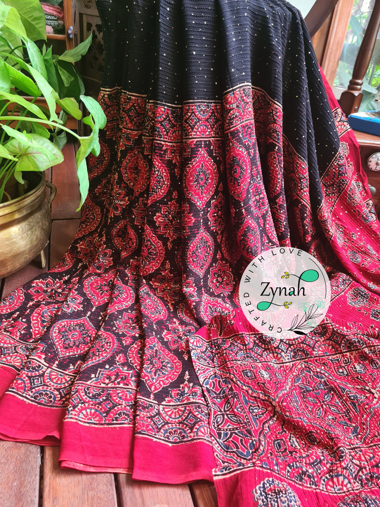 Zynah Black & Red Color Pure Georgette Sequence Work Saree with Ajrakh Handblock Prints; Custom Stitched/Ready-made Blouse, Fall, Petticoat; Shipping available USA, Worldwide