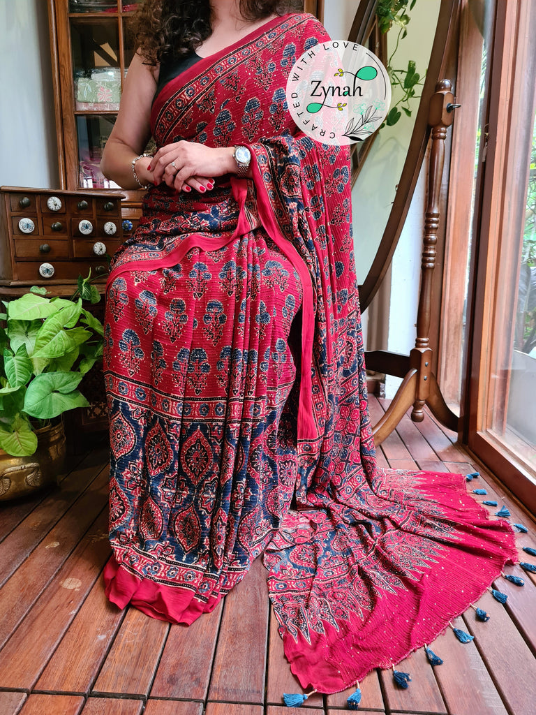 Zynah Red Color Pure Georgette Sequence Work Saree with Ajrakh Handblock Prints; Custom Stitched/Ready-made Blouse, Fall, Petticoat; Shipping available USA, Worldwide