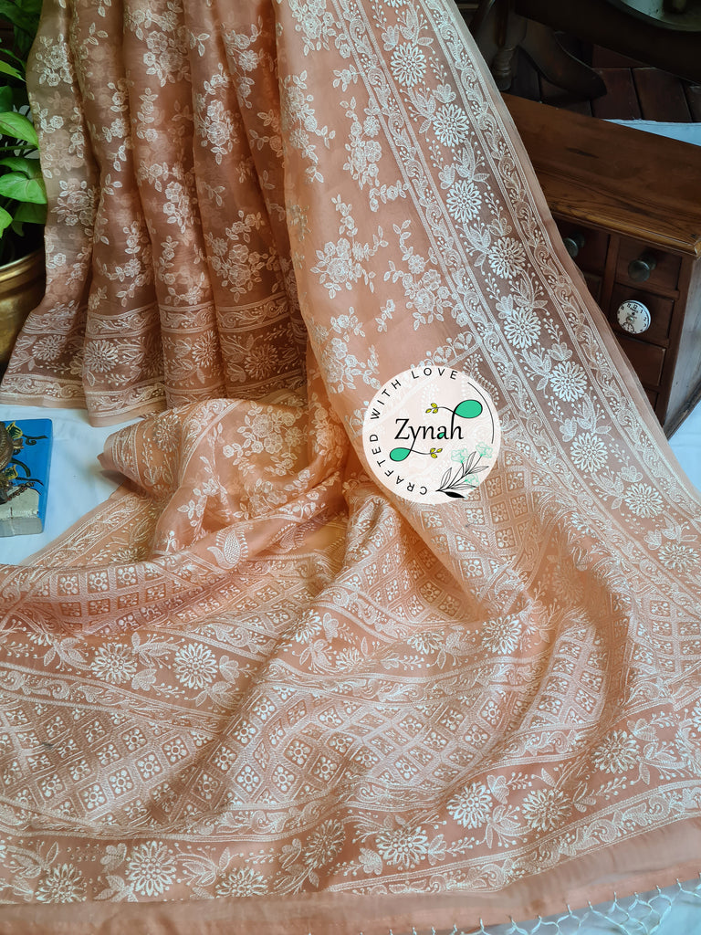 Zynah Peach Color Pure Organza Chikankari Saree in Pastel Shade; Custom Stitched/Ready-made Blouse, Fall, Petticoat; Shipping available USA, Worldwide