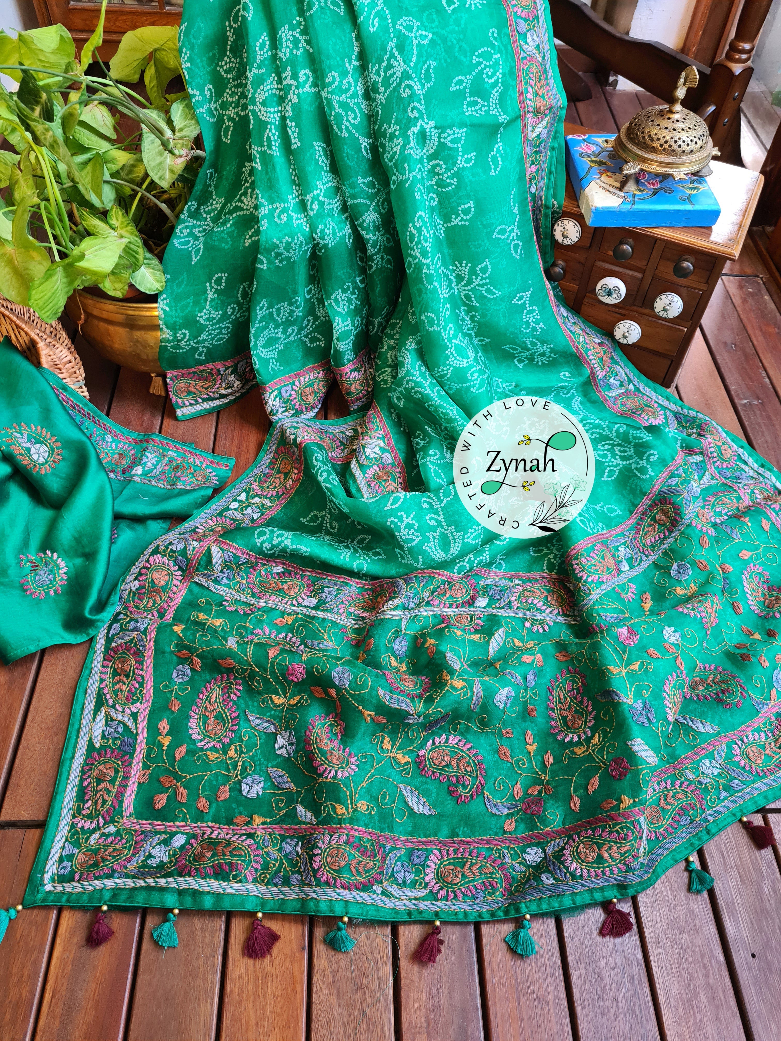 Zynah Green Color Pure Organza Silk Saree with Bandhani Prints & Kantha Embroidery; Custom Stitched/Ready-made Blouse, Fall, Petticoat; Shipping available USA, Worldwide