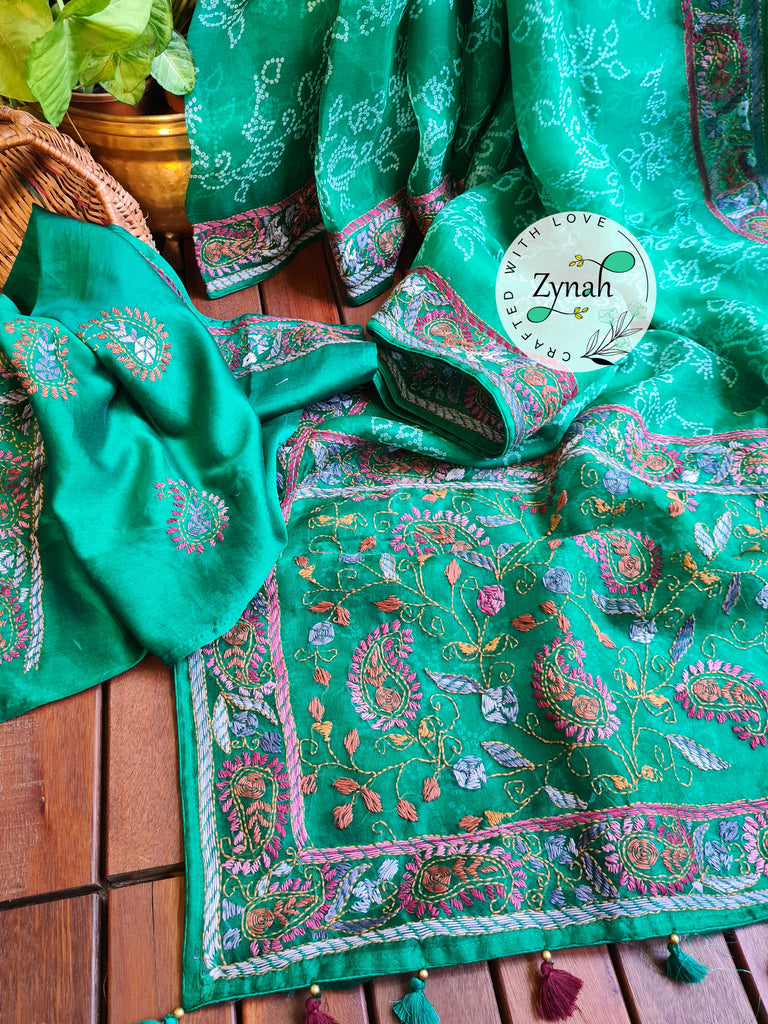 Zynah Green Color Pure Organza Silk Saree with Bandhani Prints & Kantha Embroidery; Custom Stitched/Ready-made Blouse, Fall, Petticoat; Shipping available USA, Worldwide