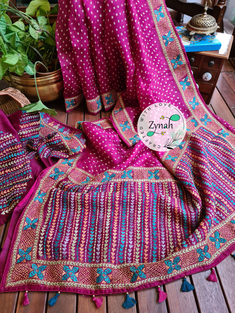 Zynah Pink Color Pure Organza Silk Saree with Bandhani Prints & Kantha Embroidery; Custom Stitched/Ready-made Blouse, Fall, Petticoat; Shipping available USA, Worldwide