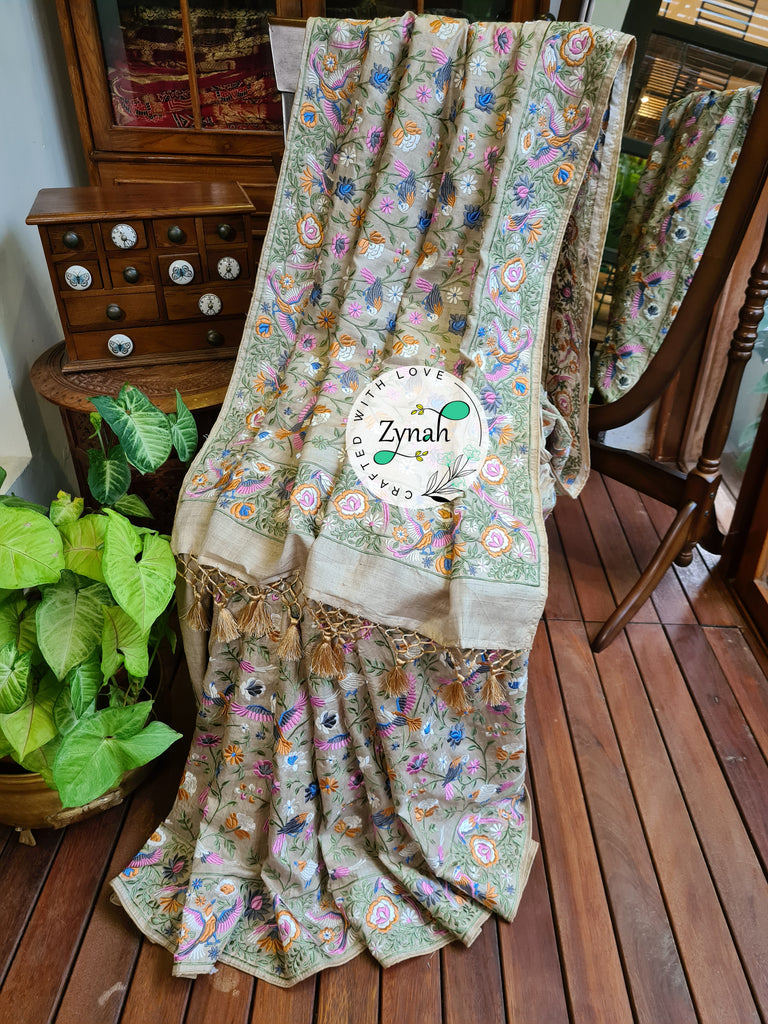 Zynah Tussar Color Pure Tussar Silk Parsi Gara Inspired Embroidery Saree; Custom Stitched/Ready-made Blouse, Fall, Petticoat; Shipping available USA, Worldwide