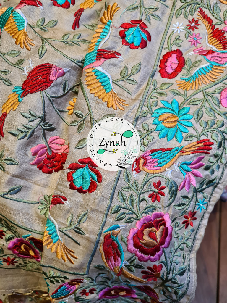 Zynah Tussar Color 2 Pure Tussar Silk Parsi Gara Inspired Embroidery Saree; Custom Stitched/Ready-made Blouse, Fall, Petticoat; Shipping available USA, Worldwide