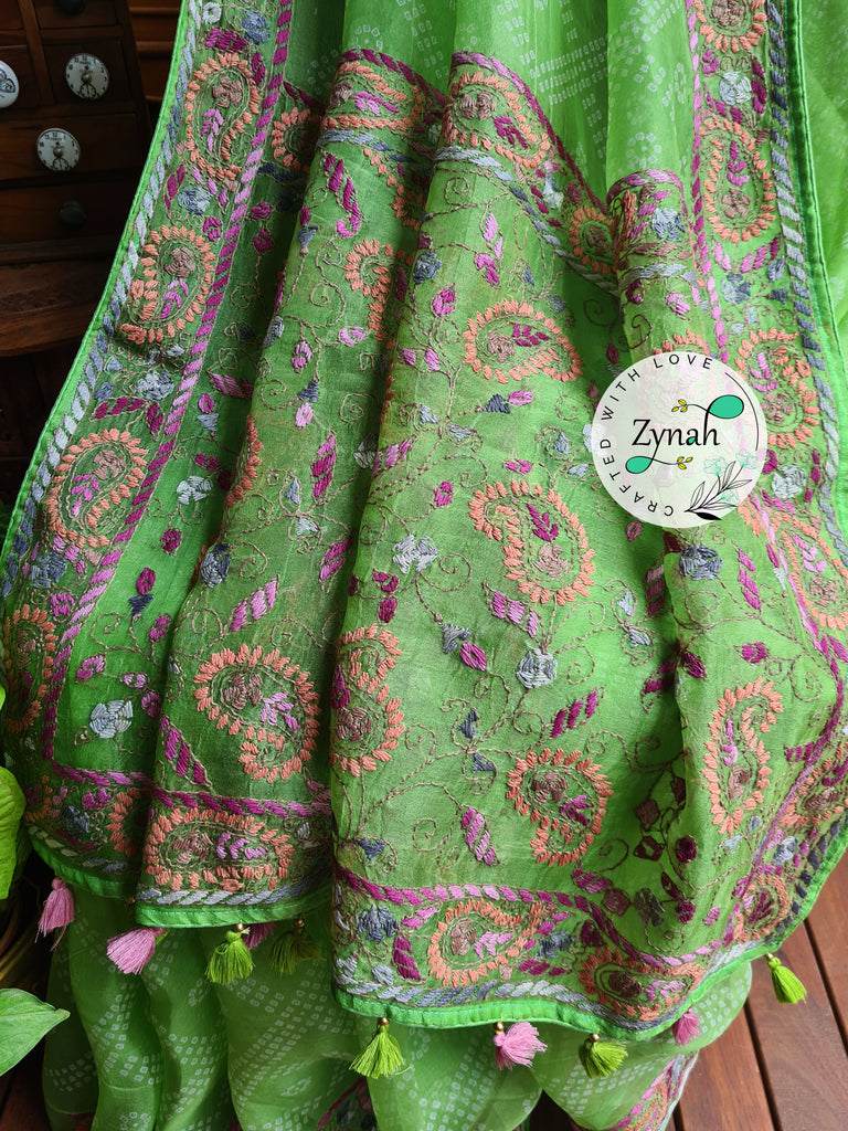 Zynah Light Green Color Pure Organza Silk Saree with Bandhani Prints & Kantha Embroidery; Custom Stitched/Ready-made Blouse, Fall, Petticoat; Shipping available USA, Worldwide