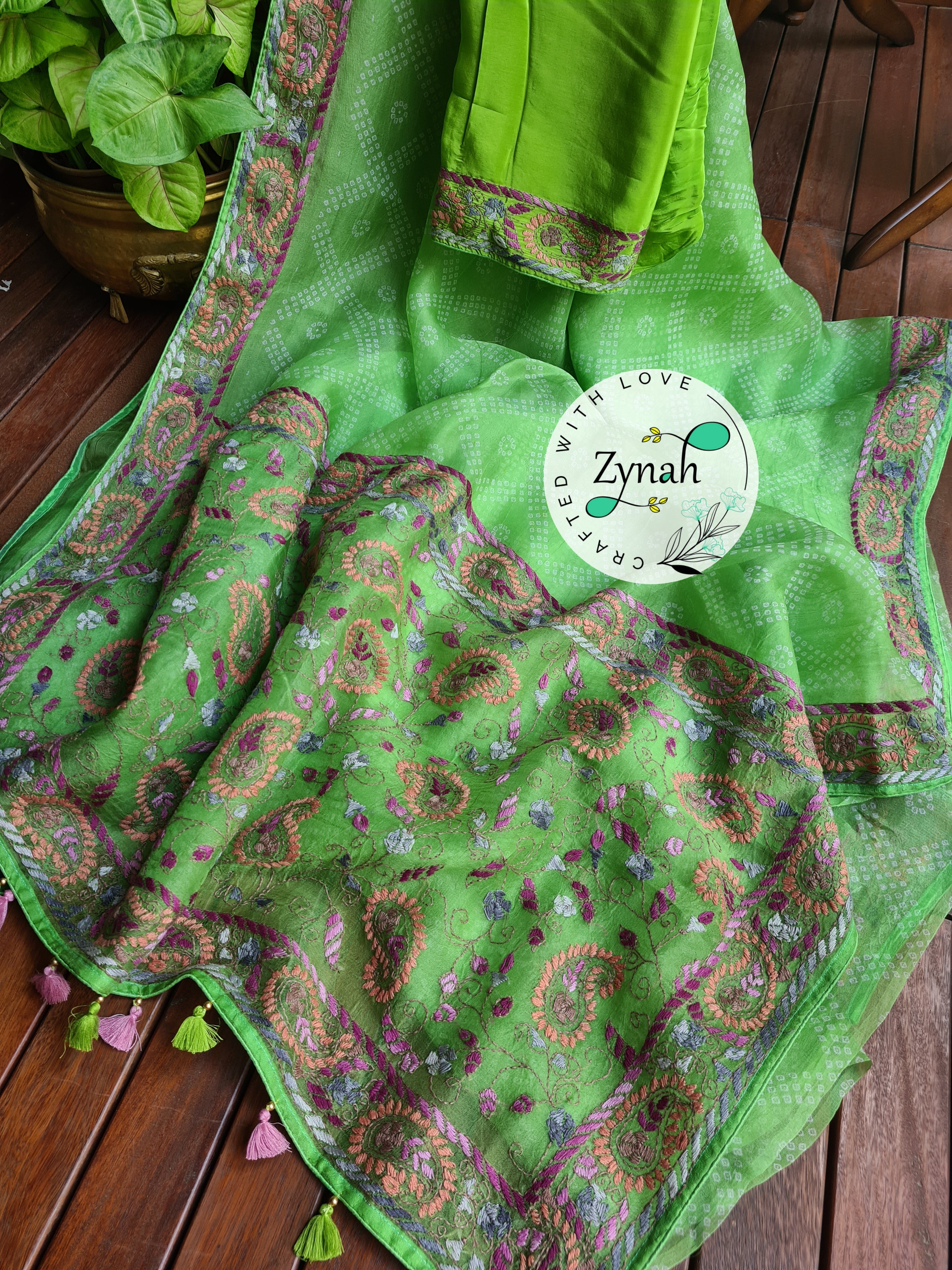 Zynah Light Green Color Pure Organza Silk Saree with Bandhani Prints & Kantha Embroidery; Custom Stitched/Ready-made Blouse, Fall, Petticoat; Shipping available USA, Worldwide