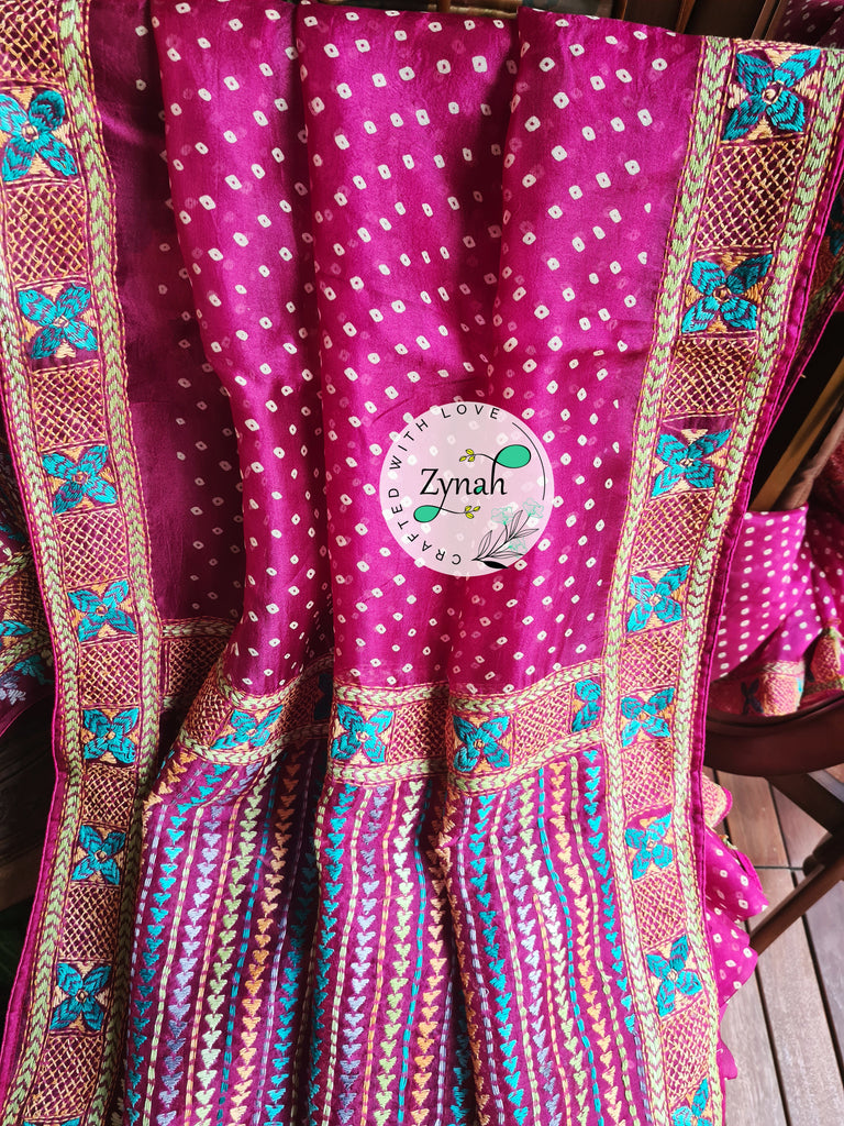 Zynah Pink Color Pure Organza Silk Saree with Bandhani Prints & Kantha Embroidery; Custom Stitched/Ready-made Blouse, Fall, Petticoat; Shipping available USA, Worldwide