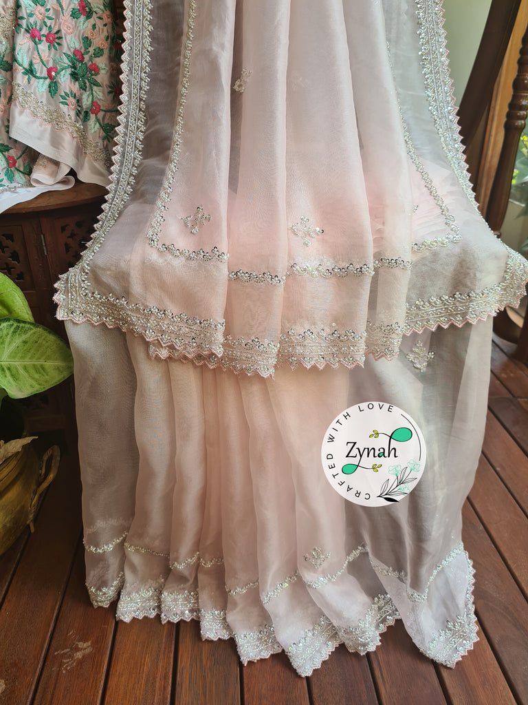 Zynah Light Pink Color Pure Organza Silk Saree with Sequence, Pearls & Cut-dana Work; Custom Stitched/Ready-made Blouse, Fall, Petticoat; Shipping available USA, Worldwide