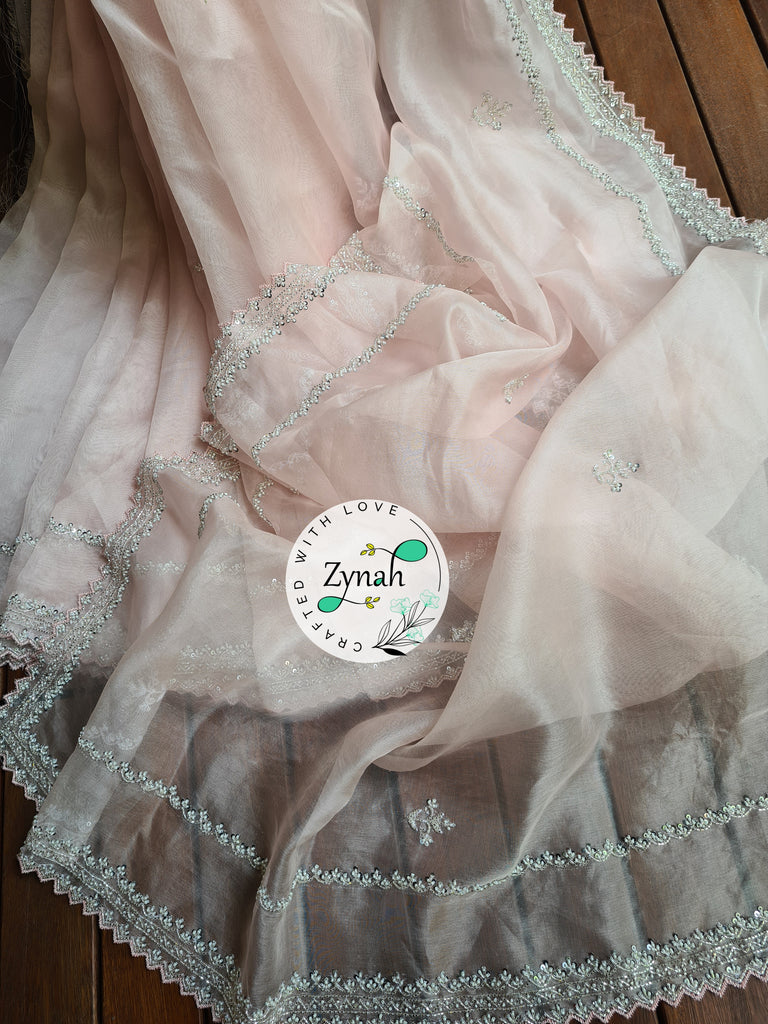Zynah Light Pink Color Pure Organza Silk Saree with Sequence, Pearls & Cut-dana Work; Custom Stitched/Ready-made Blouse, Fall, Petticoat; Shipping available USA, Worldwide
