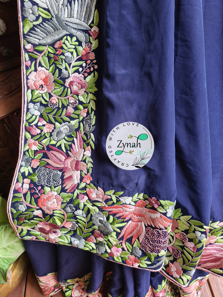 Zynah Blue Color Made to Order Pure Crepe Silk Parsi Gara Handcrafted Saree; Custom Stitched/Ready-made Blouse, Fall, Petticoat; Shipping available USA, Worldwide