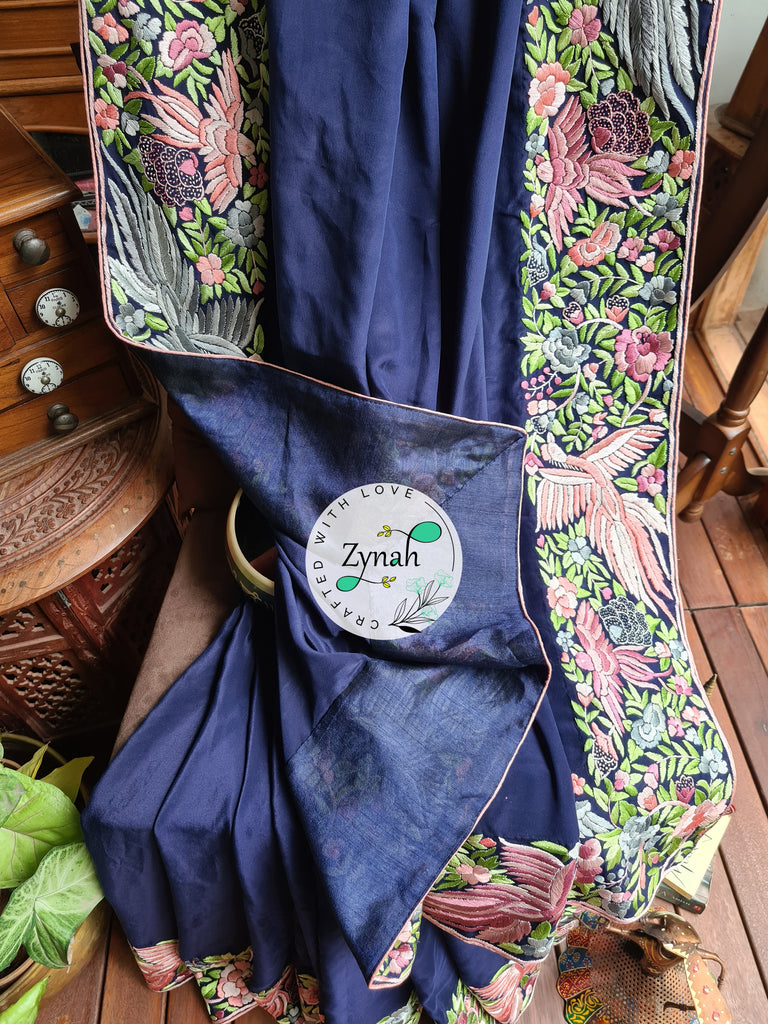 Zynah Blue Color Made to Order Pure Crepe Silk Parsi Gara Handcrafted Saree; Custom Stitched/Ready-made Blouse, Fall, Petticoat; Shipping available USA, Worldwide