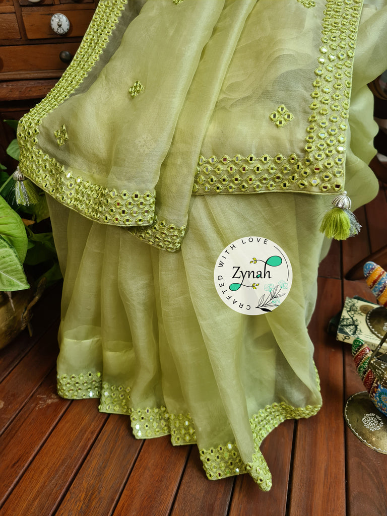 Zynah Green Color Pure Organza Silk Saree with Mirror Kutchi Work; Custom Stitched/Ready-made Blouse, Fall, Petticoat; Shipping available USA, Worldwide