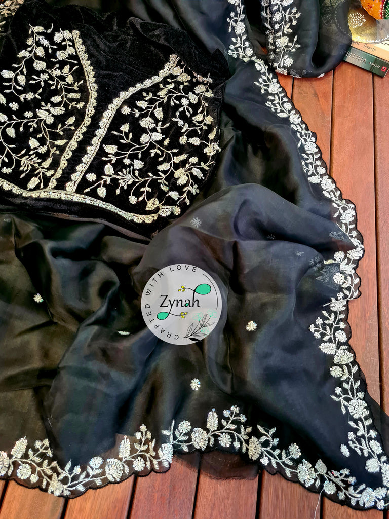 Zynah Black Color Pure Organza Silk Saree with Sequence & Cut-dana Work; Custom Stitched/Ready-made Blouse, Fall, Petticoat; Shipping available USA, Worldwide