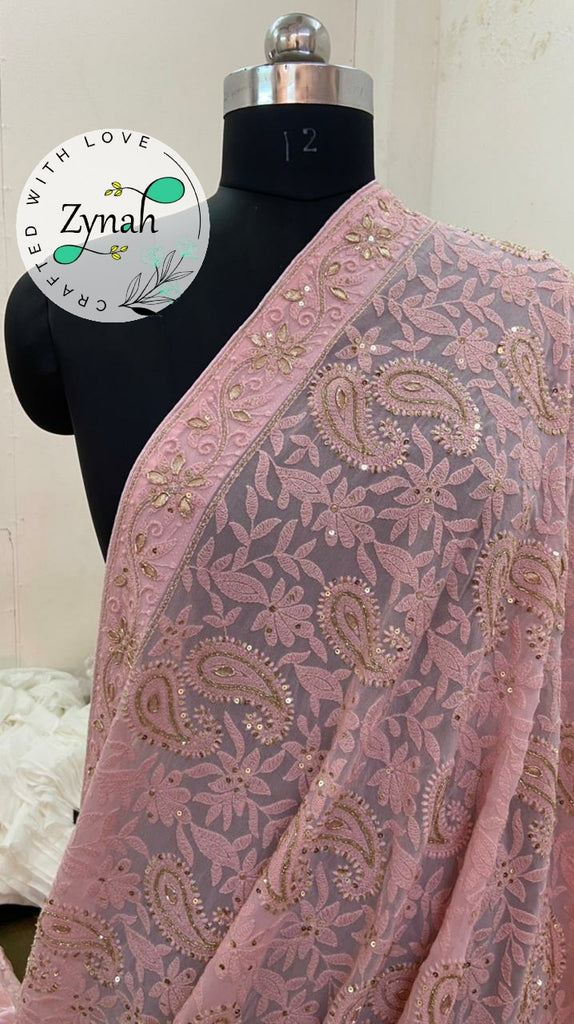 Zynah Pure Georgette Saree, Chikankari with Gotapatti Cut-work; Custom Stitched/Ready-made Blouse, Fall, Petticoat; Shipping available USA, Worldwide