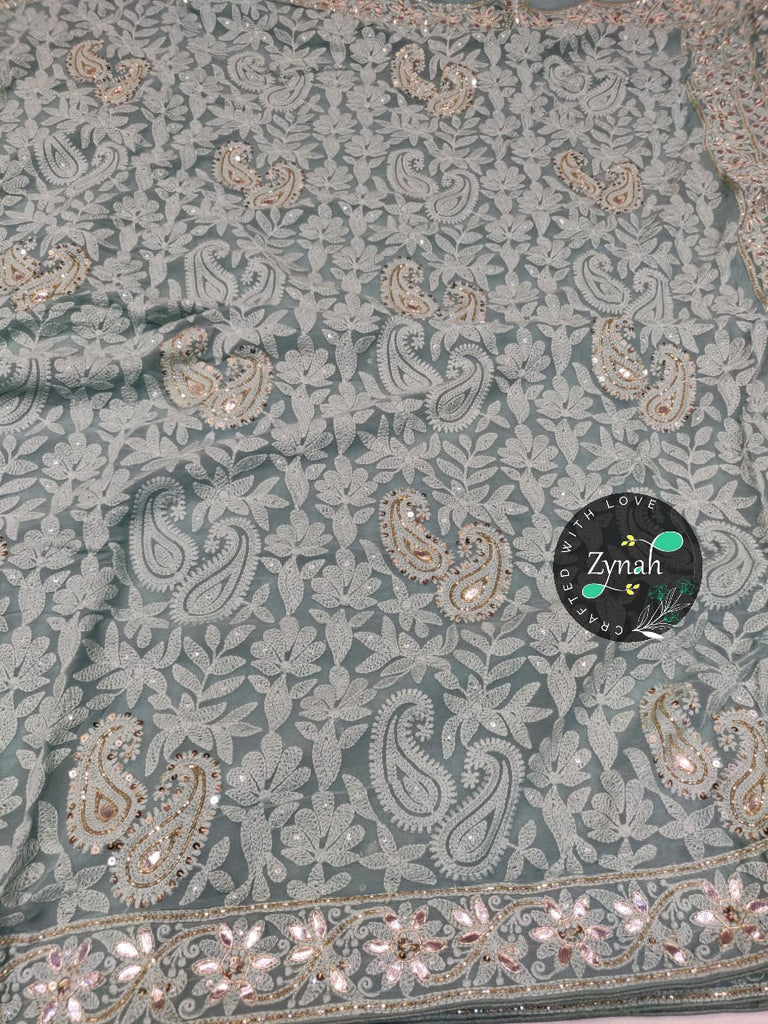 Zynah Pure Georgette Saree, Chikankari with Gotapatti Cut-work; Custom Stitched/Ready-made Blouse, Fall, Petticoat; Shipping available USA, Worldwide