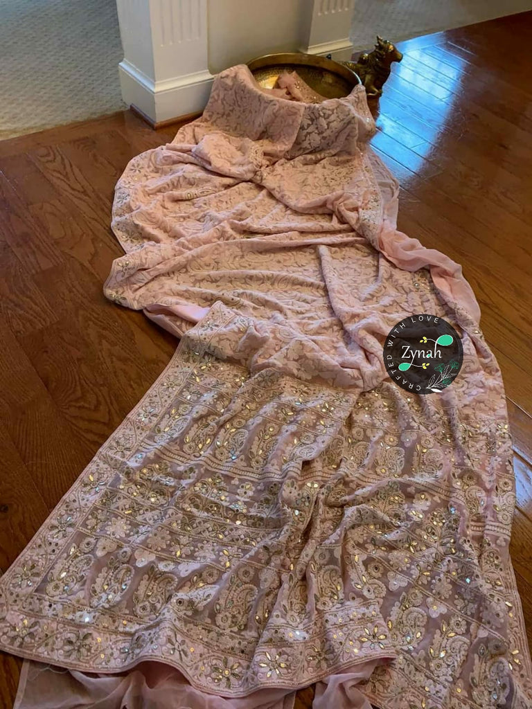 Zynah Pure Georgette Saree, Chikankari with Gotapatti Cut-work; Custom Stitched/Ready-made Blouse, Fall, Petticoat; Shipping available USA, Worldwide