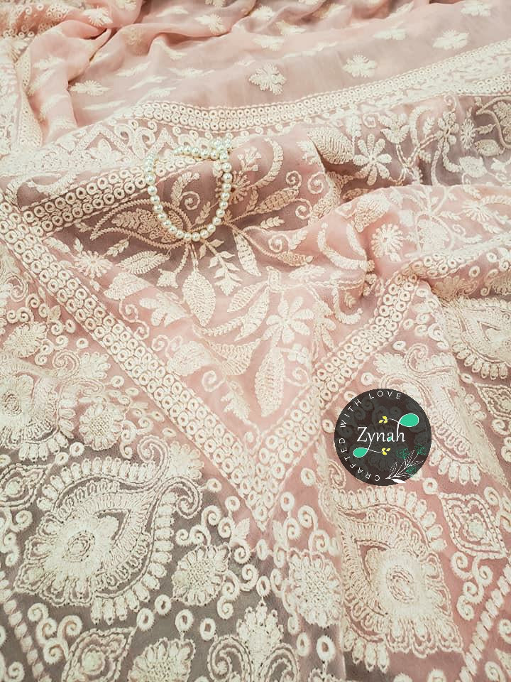 Zynah Pure Georgette Saree with Chikankari & Sequence work; Custom Stitched/Ready-made Blouse, Fall, Petticoat; Shipping available USA, Worldwide