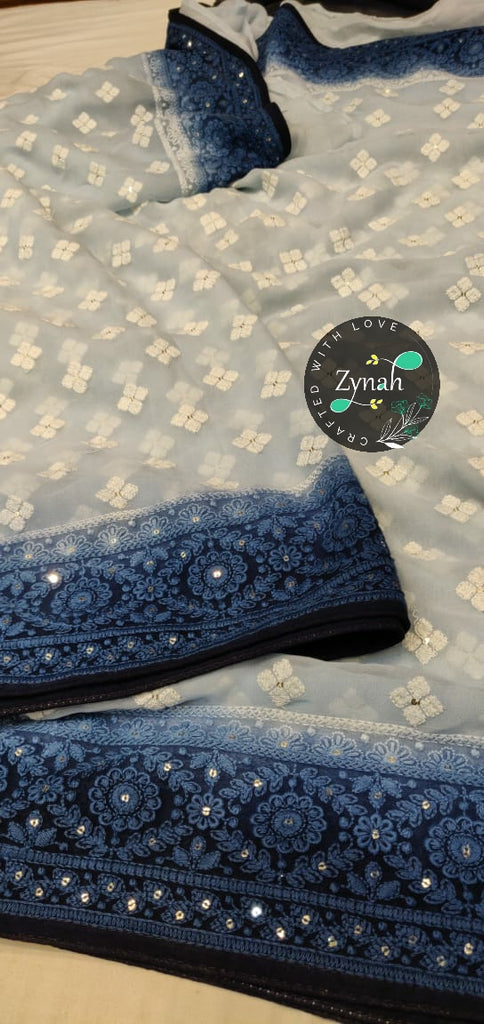 Zynah Pure Georgette Double-shaded Chikankari Saree with Sequence work; Custom Stitched/Ready-made Blouse, Fall, Petticoat; Shipping available USA, Worldwide
