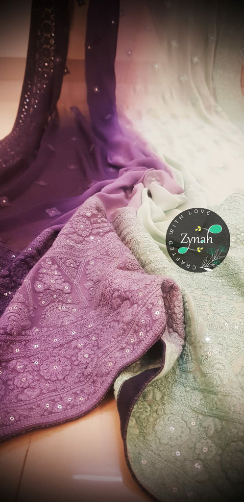 Zynah Pure Georgette Double-shaded Chikankari Saree with Sequence work; Custom Stitched/Ready-made Blouse, Fall, Petticoat; Shipping available USA, Worldwide