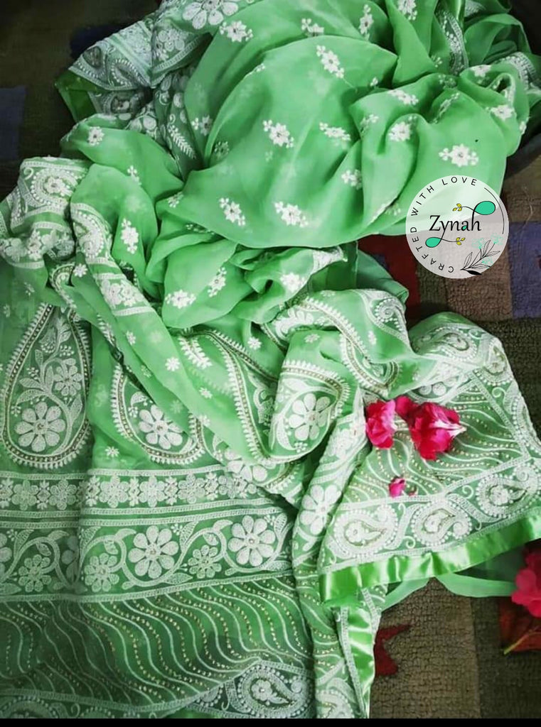 Zynah Pure Georgette Chikankari Saree with Sequence work; Custom Stitched/Ready-made Blouse, Fall, Petticoat; Shipping available USA, Worldwide