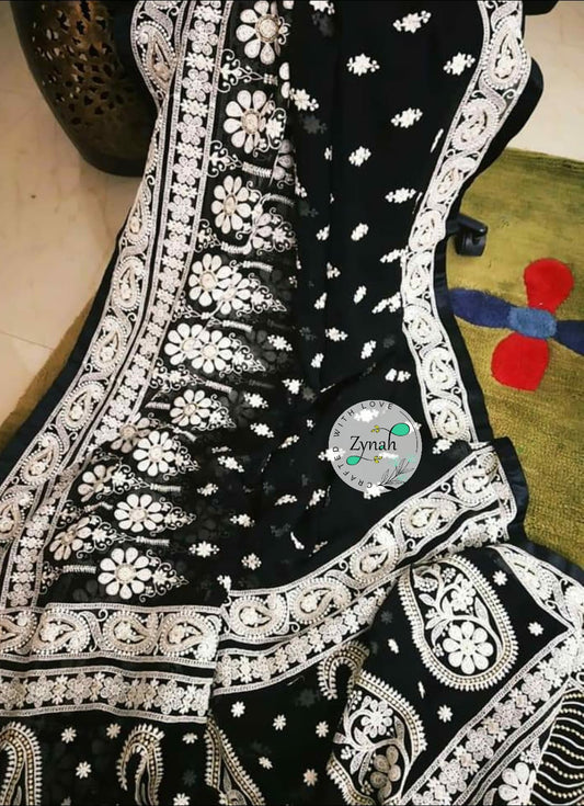 Zynah Pure Georgette Chikankari Saree with Sequence work; Custom Stitched/Ready-made Blouse, Fall, Petticoat; Shipping available USA, Worldwide